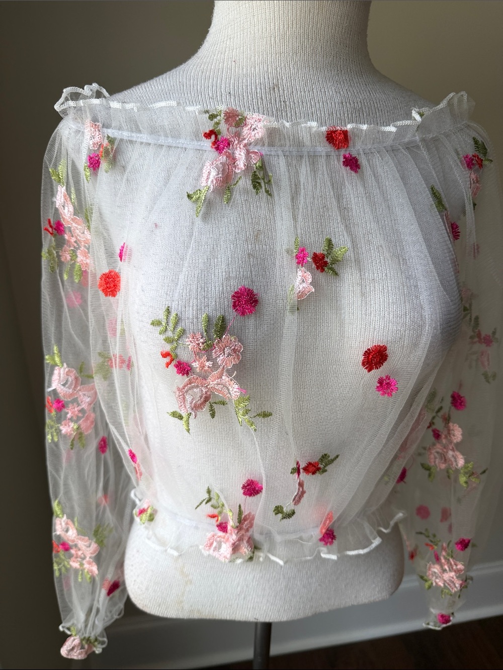 Floral Embroidered Sheer Off-Shoulder Top - White/Pink
